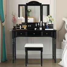 Load image into Gallery viewer, Makeup Dressing Table with Tri-Folding Mirror and Cushioned Stool for Women