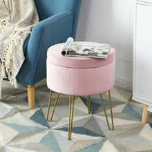Load image into Gallery viewer, Round Velvet Storage Ottoman Footrest Stool Vanity Chair with Metal Legs-Pink