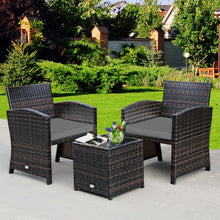 Load image into Gallery viewer, 3 Pieces PE Rattan Wicker Furniture Set with Cushion Sofa Coffee Table for Garden-Gray