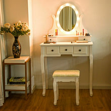 Load image into Gallery viewer, 5 Drawers Vanity Table Stool Set with 12-LED Bulbs-White