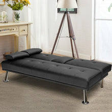 Load image into Gallery viewer, Convertible Folding Leather Futon Sofa with Cup Holders and Armrests-Black