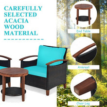 Load image into Gallery viewer, 3 Pcs Solid Wood Frame Patio Rattan Furniture Set-Turquoise