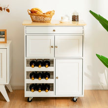 Load image into Gallery viewer, Kitchen Cart with Rubber Wood Top 3 Tier Wine Racks 2 Cabinets-White