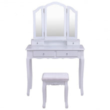 Load image into Gallery viewer, Tri Folding Mirror Vanity Table Stool Set w/ 4 Drawers and Cushioned Stool-White