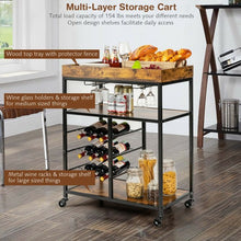 Load image into Gallery viewer, 3-Tier Wood Rolling Kitchen Serving Cart with 9 Wine Bottles Rack Metal Frame-Rustic Brown