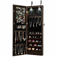 Load image into Gallery viewer, Lockable Wall Mount Mirrored Jewelry Cabinet with LED Lights-Brown