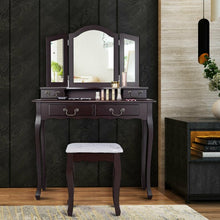 Load image into Gallery viewer, Tri Folding Mirror Makeup Dressing Vanity Set with 4 Drawers-Coffee