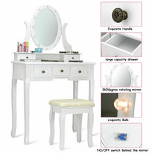Load image into Gallery viewer, 5 Drawers Vanity Table Stool Set with 12-LED Bulbs-White