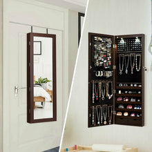Load image into Gallery viewer, Lockable Wall Mount Mirrored Jewelry Cabinet with LED Lights-Brown