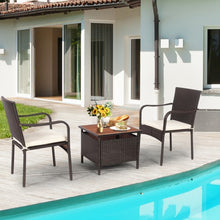 Load image into Gallery viewer, 3 PCS Patio Rattan Furniture Bistro Set with Wood Side Table and Stackable Chair