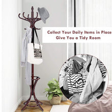Load image into Gallery viewer, Wood Standing Hat Coat Rack with Umbrella Stand-Brown