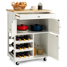Load image into Gallery viewer, Kitchen Cart with Rubber Wood Top 3 Tier Wine Racks 2 Cabinets-White