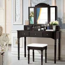 Load image into Gallery viewer, Makeup Dressing Table with Tri-Folding Mirror and Cushioned Stool for Women