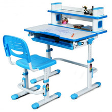 Load image into Gallery viewer, Adjustable Kids Desk and Chair Set with Bookshelf and Tilted Desktop-Blue