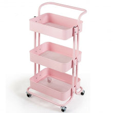 Load image into Gallery viewer, 3-Tier Metal Rolling Storage Cart Trolley 2 Brakes with Handle-Pink