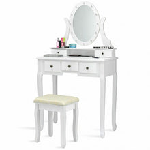 Load image into Gallery viewer, 5 Drawers Vanity Table Stool Set with 12-LED Bulbs-White