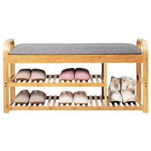 Load image into Gallery viewer, 3-Tier Bamboo Shoe Rack Bench with Cushion-Natural
