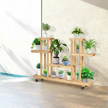 Load image into Gallery viewer, 4-Tier Wood Casters Rolling Shelf Plant Stand-Natural