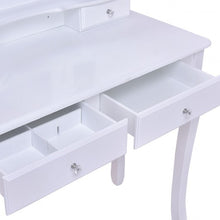 Load image into Gallery viewer, Tri Folding Mirror Vanity Table Stool Set w/ 4 Drawers and Cushioned Stool-White