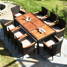 Load image into Gallery viewer, 9 Pcs Patio Rattan Dining Set 8 Chairs Cushioned Acacia Table Top