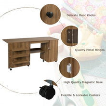 Load image into Gallery viewer, Folding Sewing Table Shelves Storage Cabinet Craft Cart with Wheels-Natural