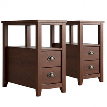Load image into Gallery viewer, Set of 2 End Table Wooden with 2 Drawer & Shelf Bedside Table-Brown