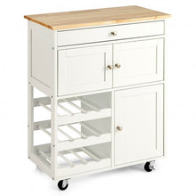 Load image into Gallery viewer, Kitchen Cart with Rubber Wood Top 3 Tier Wine Racks 2 Cabinets-White