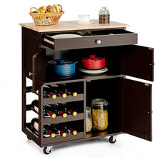 Load image into Gallery viewer, Kitchen Cart with Rubber Wood Top 3 Tier Wine Racks 2 Cabinets-Brown