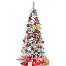 Load image into Gallery viewer, 6 Feet Snow Flocked Christmas Pencil Tree with Berries and Poinsettia Flowers