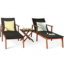 Load image into Gallery viewer, 3 Pcs Patio Wooden Frame Rattan Lounge Chaise Chair Set with Folding Table