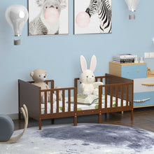 Load image into Gallery viewer, 2-in-1 Convertible Kids Wooden Bedroom Furniture with Guardrails-Brown