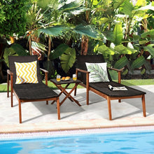 Load image into Gallery viewer, 3 Pcs Patio Wooden Frame Rattan Lounge Chaise Chair Set with Folding Table