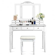 Load image into Gallery viewer, Makeup Dressing Table with Tri-Folding Mirror and Cushioned Stool for Women