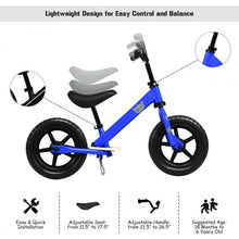 Load image into Gallery viewer, 12" Kids No Pedal Balance Bike with Adjustable Seat-Blue