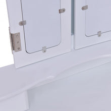 Load image into Gallery viewer, Tri Folding Mirror Vanity Table Stool Set w/ 4 Drawers and Cushioned Stool-White
