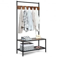 Load image into Gallery viewer, 3 in 1 Industrial Coat Rack with 2-tier Storage Bench and 5 Hooks-Coffee
