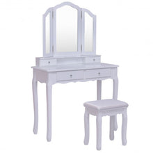 Load image into Gallery viewer, Tri Folding Mirror Vanity Table Stool Set w/ 4 Drawers and Cushioned Stool-White