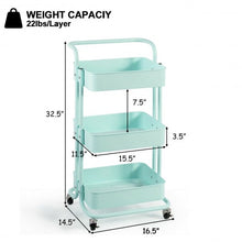 Load image into Gallery viewer, 3-Tier Metal Rolling Storage Cart Trolley 2 Brakes with Handle-Green
