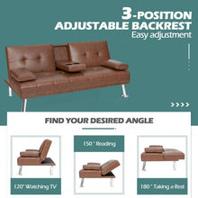 Load image into Gallery viewer, Convertible Folding Leather Futon Sofa with Cup Holders and Armrests-Brown