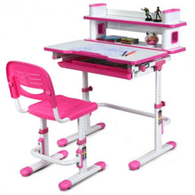 Load image into Gallery viewer, Adjustable Kids Desk and Chair Set with Bookshelf and Tilted Desktop-Pink