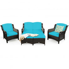 Load image into Gallery viewer, 5 Pieces Patio Rattan Sofa Set with Cushion and Ottoman-Turquoise