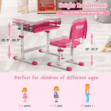 Load image into Gallery viewer, Kids Height Adjustable Desk and Chair Set with Tilted Tabletop and Drawer-Pink