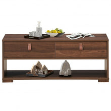 Load image into Gallery viewer, Wood Cocktail Coffee Table with 2 Drawers and Open Storage Shelf-Walnut