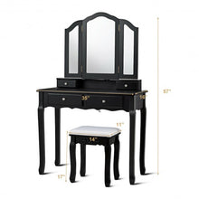 Load image into Gallery viewer, Tri Folding Mirror Vanity Table Stool Set with 4 Drawers-Black