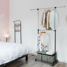 Load image into Gallery viewer, 2-Rod Adjustable Garment Rack with Shelf & Storage Boxes