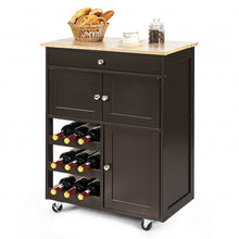 Load image into Gallery viewer, Kitchen Cart with Rubber Wood Top 3 Tier Wine Racks 2 Cabinets-Brown