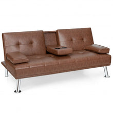 Load image into Gallery viewer, Convertible Folding Leather Futon Sofa with Cup Holders and Armrests-Brown