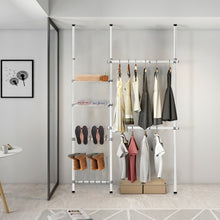 Load image into Gallery viewer, 2 Tier Telescopic Clothes Hangers with Shoe Rack & Shelf