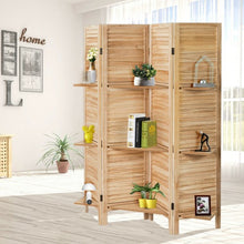 Load image into Gallery viewer, 4 Panel Folding Room Divider Screen with 3 Display Shelves-Brown
