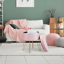 Load image into Gallery viewer, Round Velvet Storage Ottoman Footrest Stool Vanity Chair with Metal Legs-Pink
